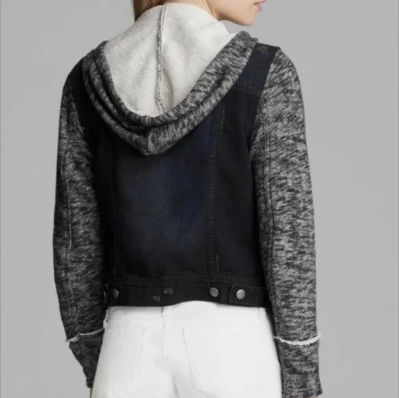 Free People Rumors Hooded Denim Jacket | M | Distressed Denim Knit Sleeves Goth - Picture 3 of 15